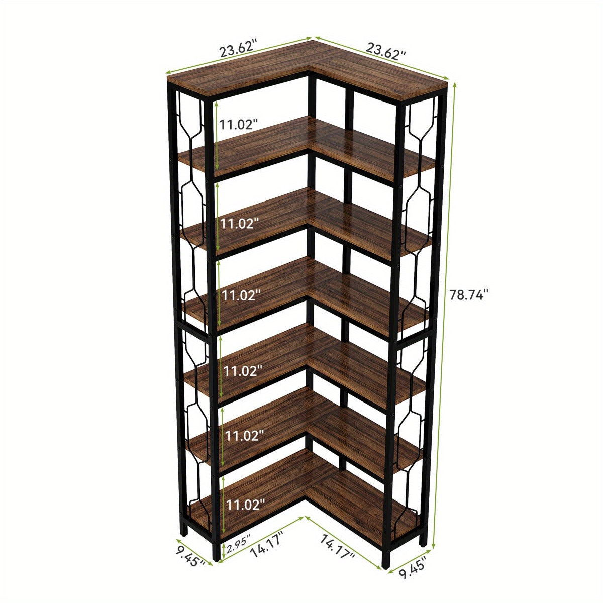 Hoekplank – Hoekrek – Boekenkast – Wandplank – Opbergkast – 7 Schappen – Hardhouten Frame Met Metalen Accenten – Eenvoudige Montage