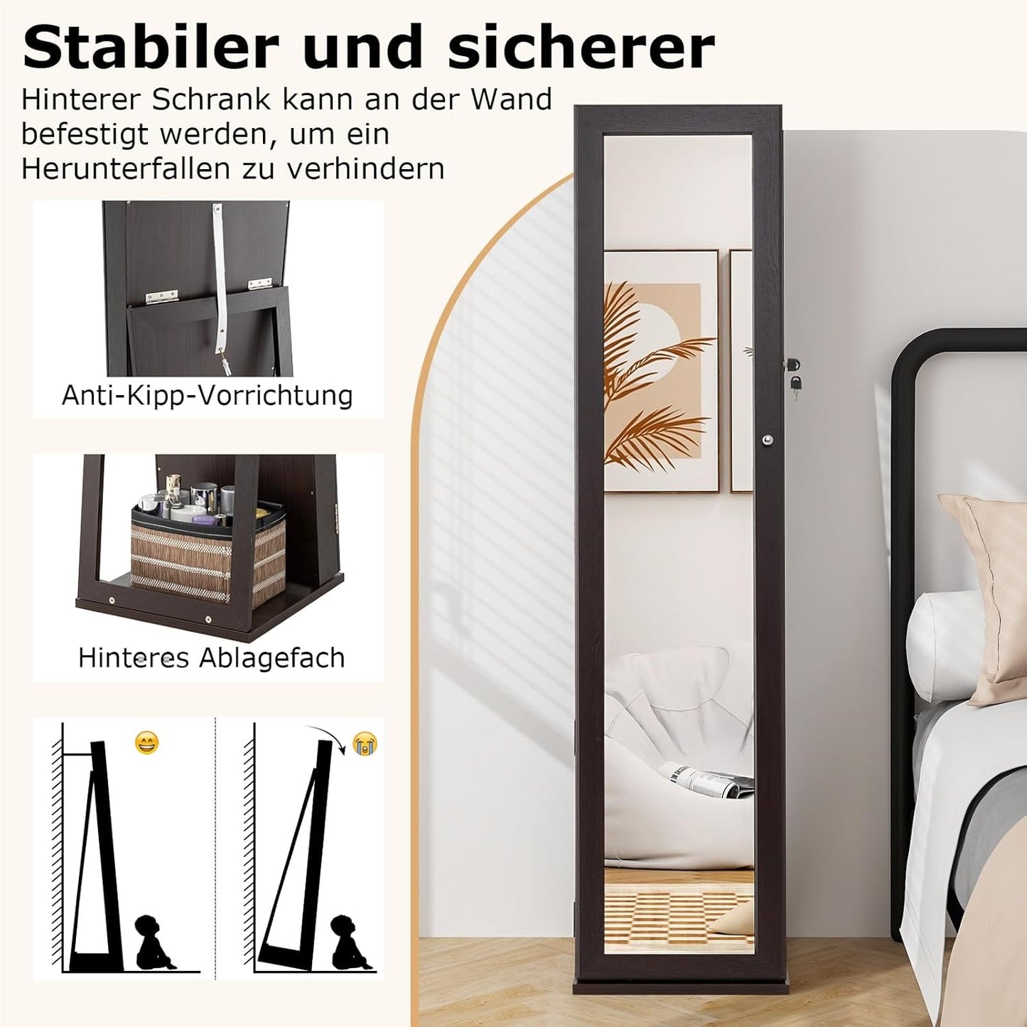 Sieradenkast – Juwelenkast – Spiegelkast – Organizer – Opbergkast – Volledige Spiegel – Afsluitbaar Met Slot – MDF Donkerbruin
