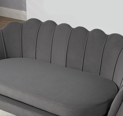 2-zitsbank – tweezitsbank – loveseat – zitbank – compacte bank – donkergrijs polyester – massief houten frame – zachte brede kussens – retro vintage design