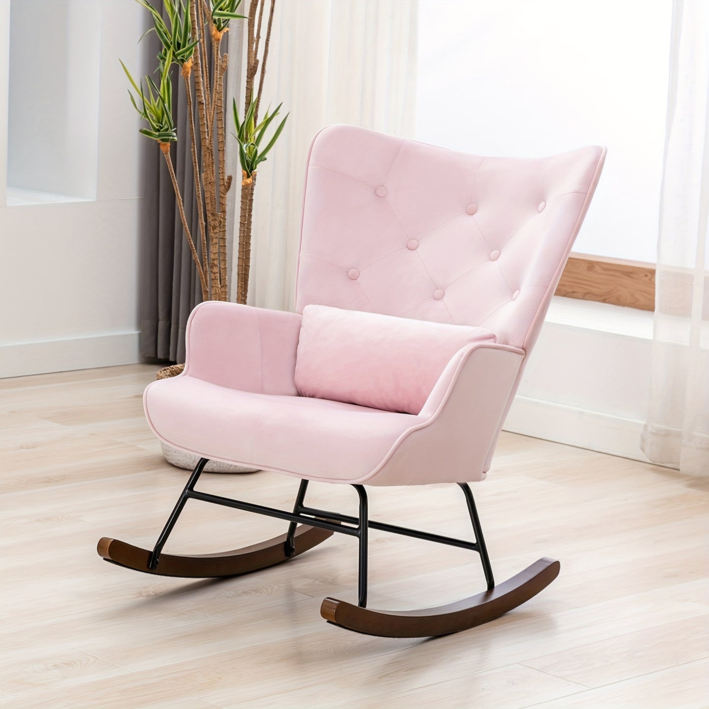 Schommelstoel – Fauteuil – Relaxstoel – Lounge Stoel – Schommelstoel Babykamer – Roze Velvet Bekleding – Hoog Houten Frame – Comfortabele Wingback Rugleuning