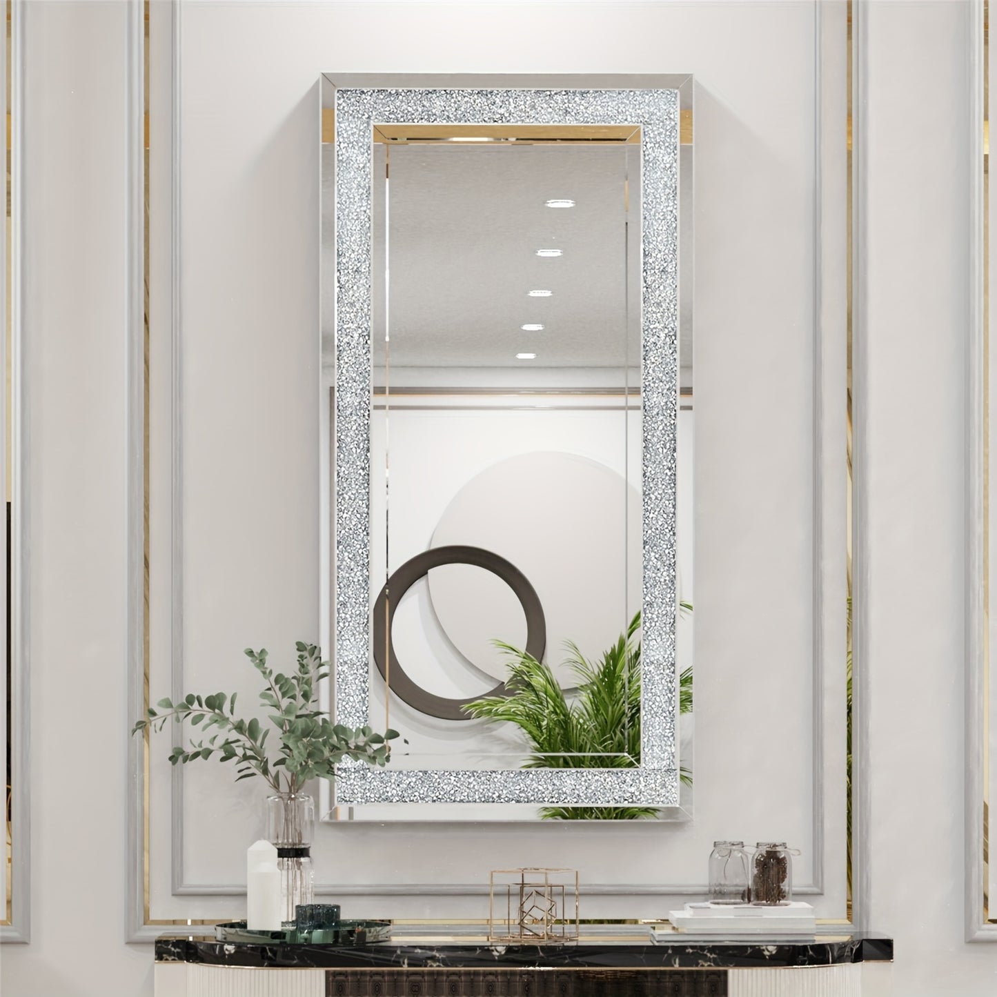 Grote Wandspiegel – Volledige Lengte Spiegel – Hangspiegel – Sierlijke Spiegel – Grote Kamer Spiegel – 120x60cm – Verzilverd Kristal Frame – Horizontaal en Verticaal Ophangbaar