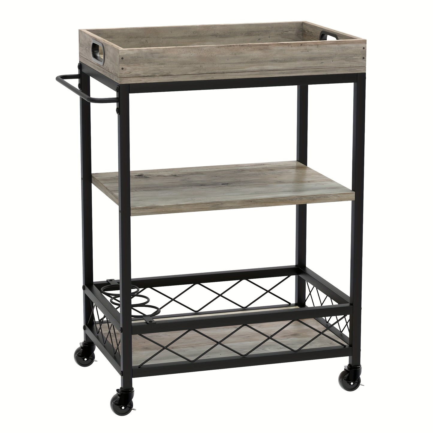 Barwagen – Serveerwagen – Trolley – Wijnwagen – Drankwagen – 3 Lagen – Vintage Industrieel Design – Hout Metaal – Wijnrek – Afneembare Bovenste Tray – Mobiel & Ruim
