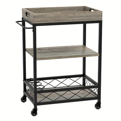 Barwagen – Serveerwagen – Trolley – Wijnwagen – Drankwagen – 3 Lagen – Vintage Industrieel Design – Hout Metaal – Wijnrek – Afneembare Bovenste Tray – Mobiel & Ruim