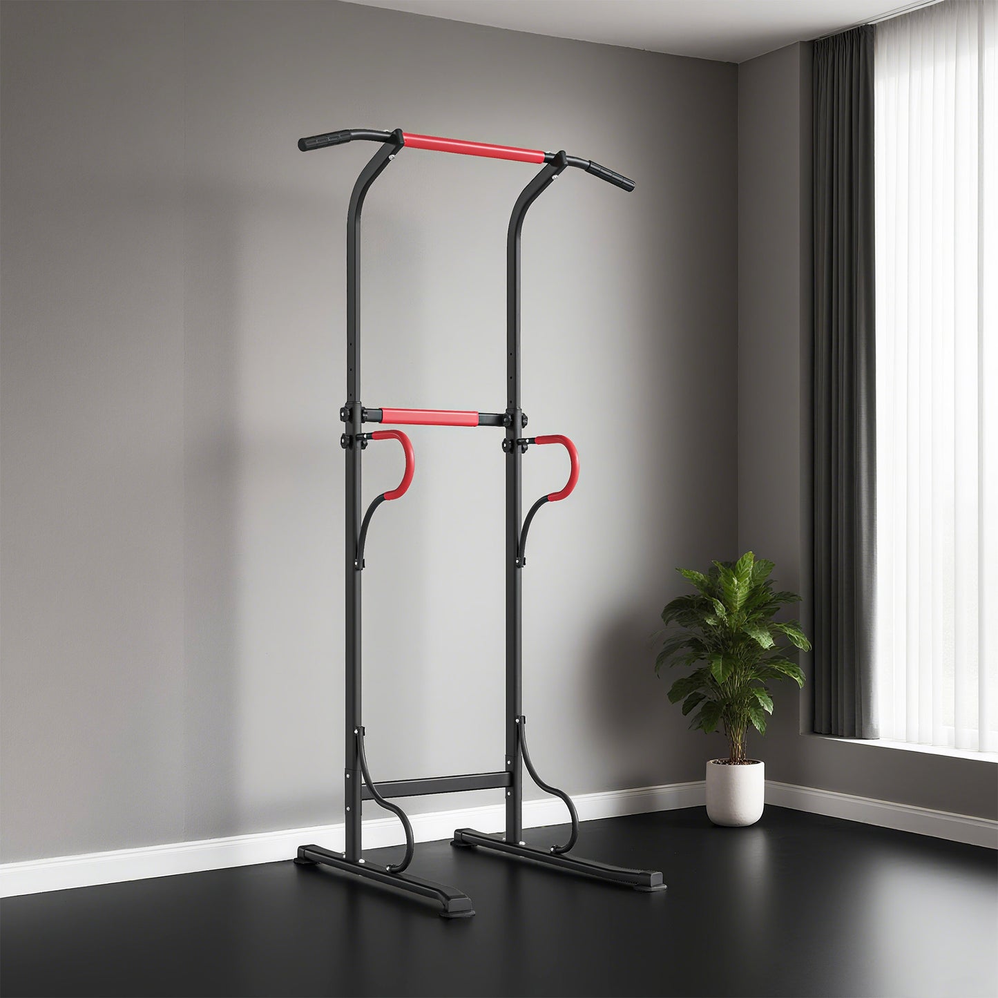 Verstelbare Power Tower – Dipstation – Pull-Up Bar – Fitnessrek – Krachtstation – Zwart Rood – Stevig Stalen Frame – Antislip Zuignappen