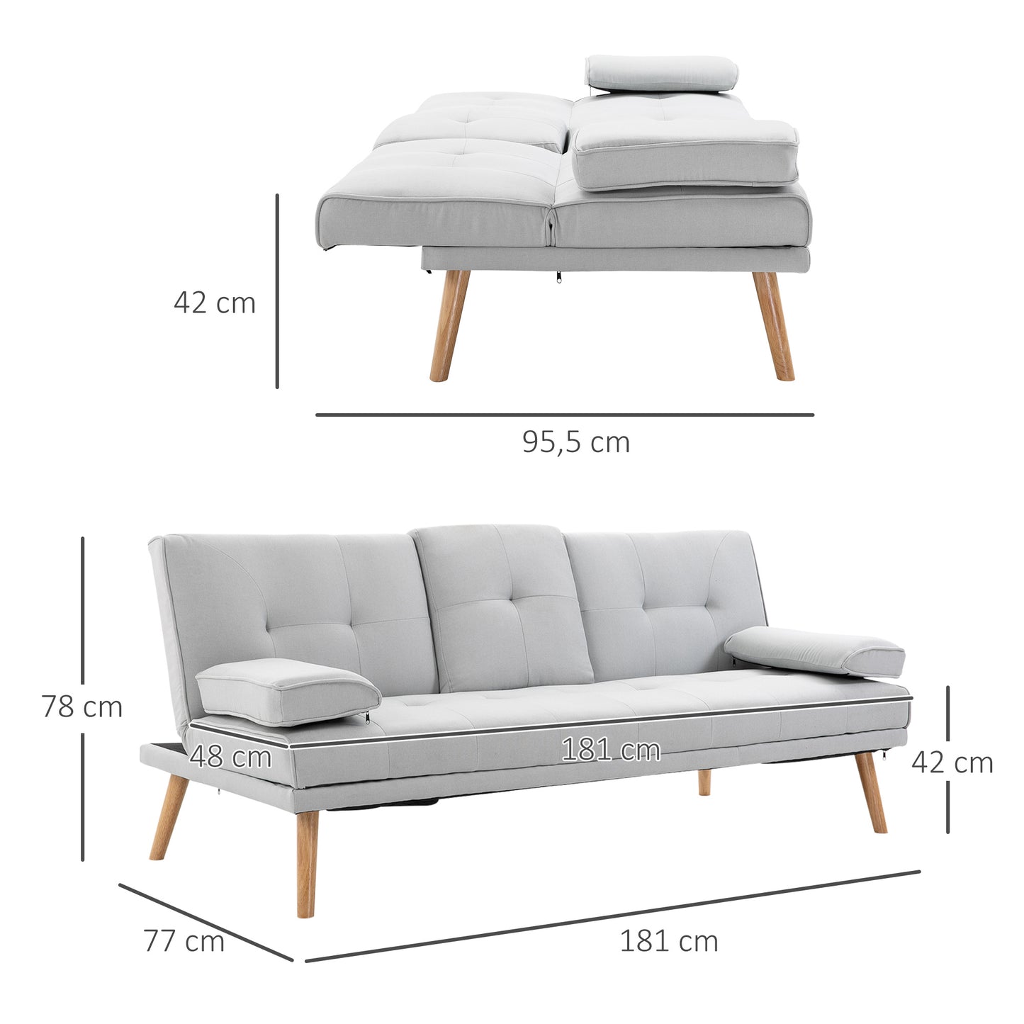 Slaapbank – 3-zitsbank – Bedbank – Uitklapbare Sofa – Stoffen Bank – Multifunctioneel Design – Inklapbaar Tafeltje Met Bekerhouders – Scandinavisch Design – Belastbaar Tot 250 Kg – Lichtgrijs Linnen Look