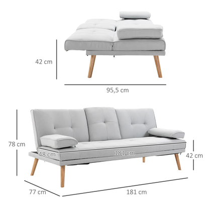 Slaapbank – 3-zitsbank – Bedbank – Uitklapbare Sofa – Stoffen Bank – Multifunctioneel Design – Inklapbaar Tafeltje Met Bekerhouders – Scandinavisch Design – Belastbaar Tot 250 Kg – Lichtgrijs Linnen Look