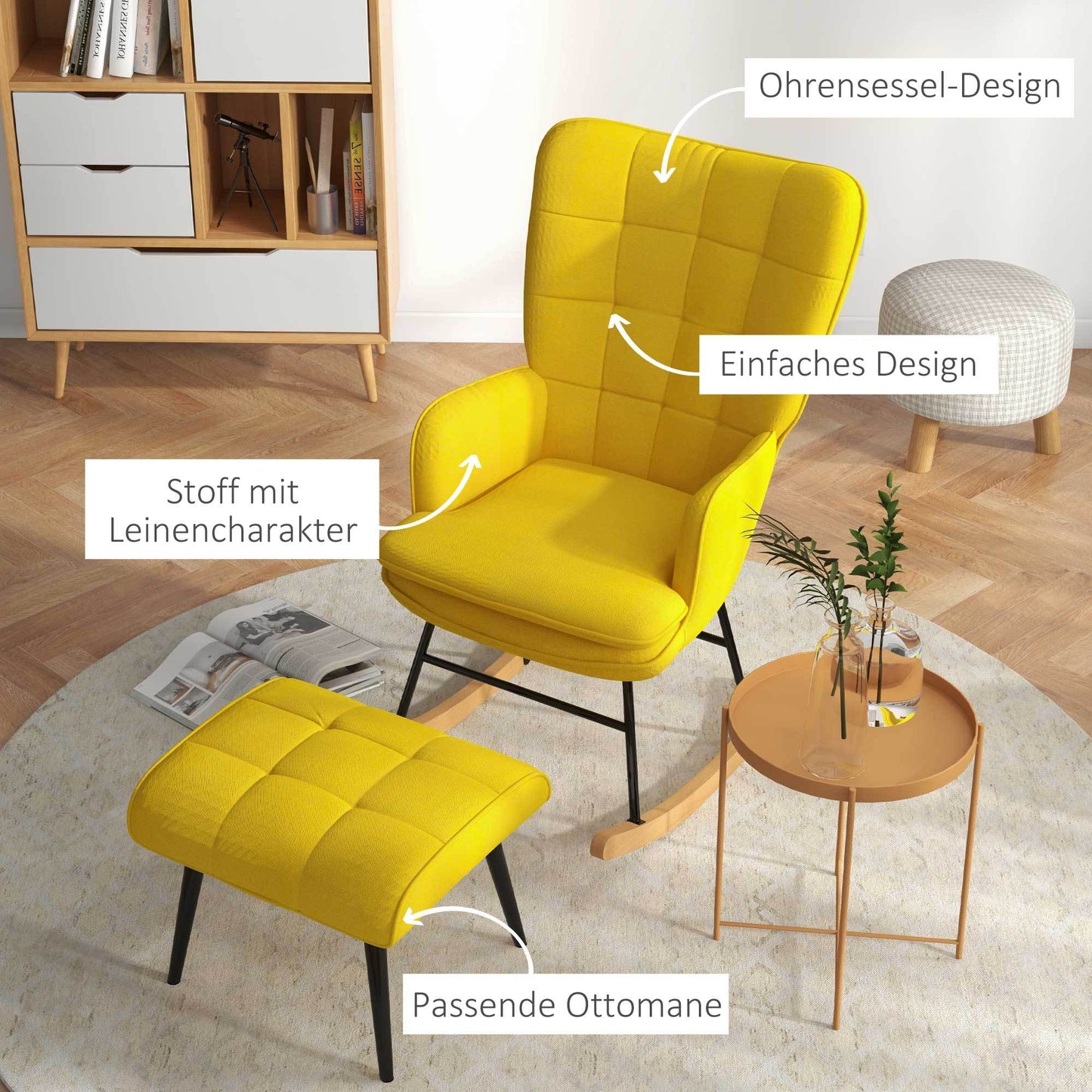 Schommelstoel – Schommelstoel Met Voetenbank – Relaxfauteuil – Wiebelfauteuil – Linnen Look Fauteuil – Gele Variant – Ergonomisch Comfort – Massief Beukenhout Frame