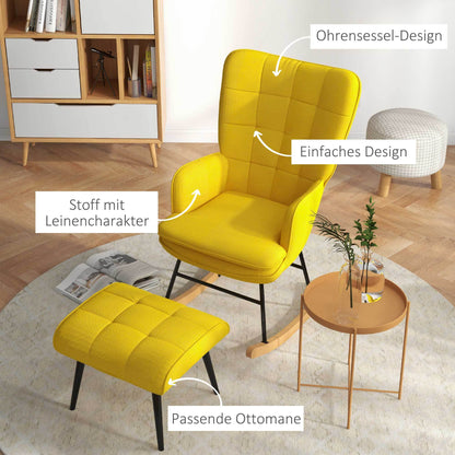 Schommelstoel – Schommelstoel Met Voetenbank – Relaxfauteuil – Wiebelfauteuil – Linnen Look Fauteuil – Gele Variant – Ergonomisch Comfort – Massief Beukenhout Frame