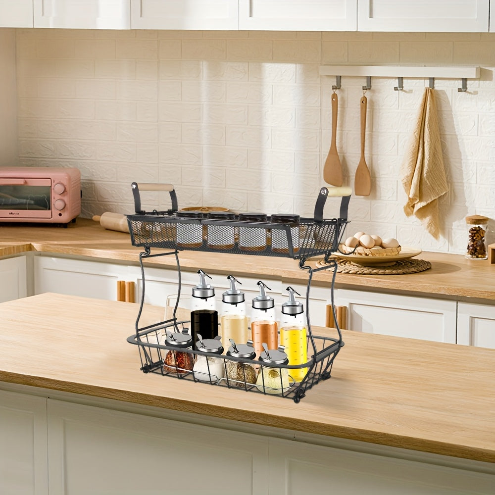 2-Tier Black Carbon Steel Spice Organizer with Wooden Handles | Multi-Purpose Kitchen & Bathroom Storage Basket for Countertop, Under Sink, Living Room | Durable Space-Saving Design (37x22x33cm)