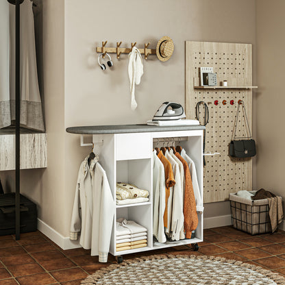 Strijkkast – Strijkplank – Strijkstation – Kledingkast – Opbergmeubel – Met Wielen – 125 x 43,5 x 112 cm – Houten Frame – Inclusief Kledinghanger