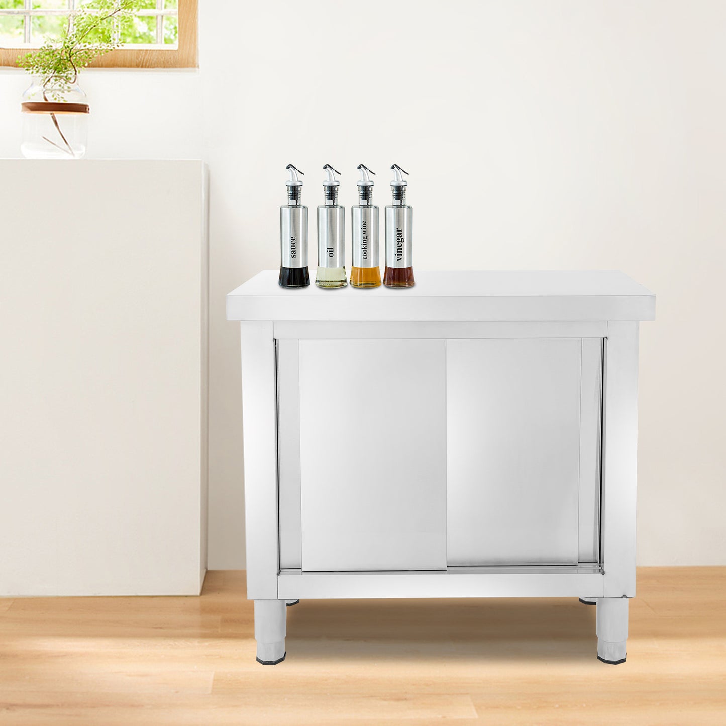RVS Werktafel – Werkbank – Inklapbare Werktafel – Keukentafel – Opbergtafel – 80x60x80 cm – Verstelbare Poten – Roestvrij Stalen Kast Met Schuifdeuren