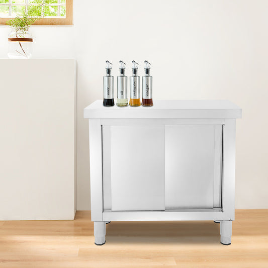 RVS Werktafel – Werkbank – Inklapbare Werktafel – Keukentafel – Opbergtafel – 80x60x80 cm – Verstelbare Poten – Roestvrij Stalen Kast Met Schuifdeuren