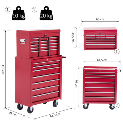 Gereedschapswagen – Werkstattwagen – Opberkkast – Mobiele Toolbox – Rolwagen – 16 Laden Met Slot – Stevig Stalen Frame Rood