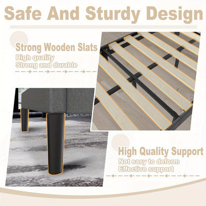 Gestoffeerd Bed – Linnen Bed – Bedframe – Slaapbed – Bed Met Hoofdbord – Lichtgrijs Linnen Bekleding – Stevige Houten Constructie – Stil En Comfortabel
