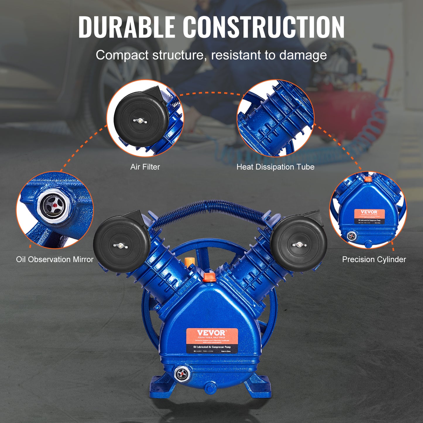 Compressorkop – Luchtcompressor Pompkop – Pompkop – Air Compressor Head – Tweecilinder Compressor – 3PK Vermogen – 6,25 CFM Luchtvolume bij 90 PSI