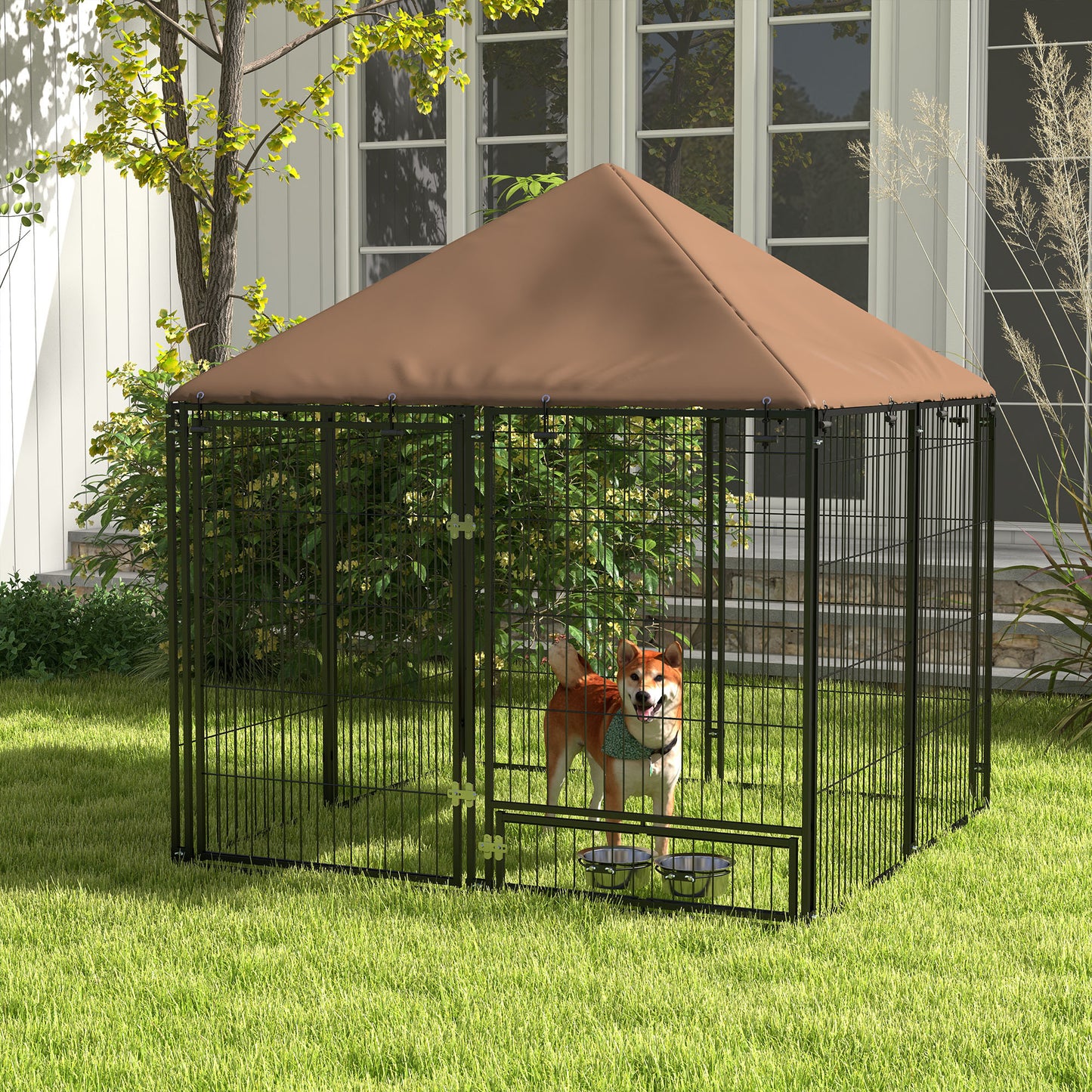 Hondenhok – Hondenren – Hondenkooi – Buitenhok – Hondenbench – Roestvrij Stalen Frame – Waterdicht Oxford Dak – 141x141x151 cm – Zwart