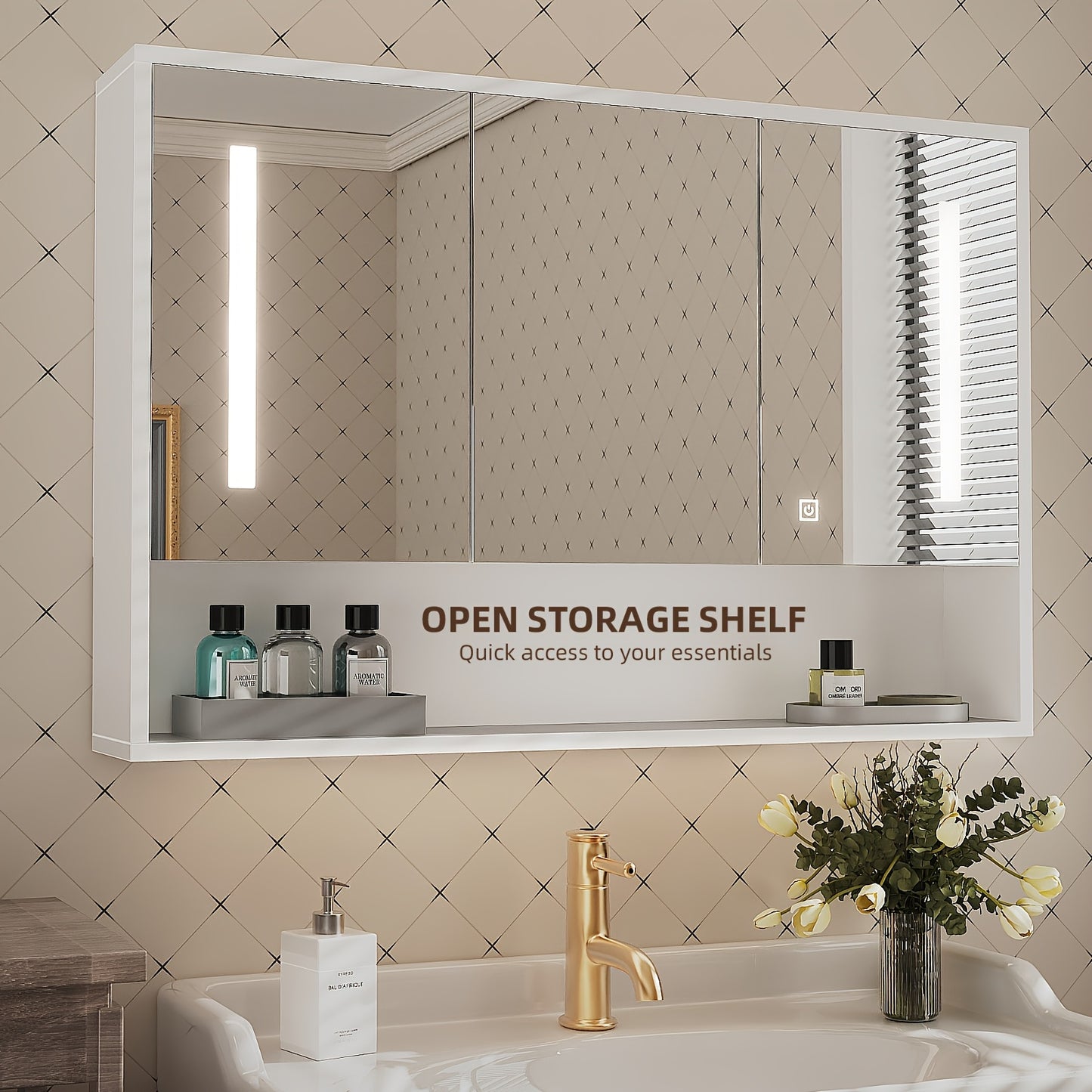 1pc Modern Wall-Mounted Wooden Medicine Cabinet with LED Touch Sensor, Polished Finish, USB Powered, 36V or Lower, 3-Door Storage Mirror for Bathroom and Shower Room