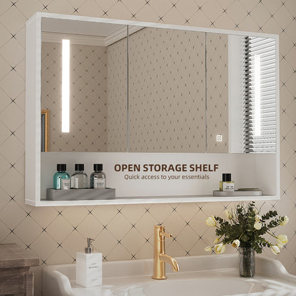 1pc Modern Wall-Mounted Wooden Medicine Cabinet with LED Touch Sensor, Polished Finish, USB Powered, 36V or Lower, 3-Door Storage Mirror for Bathroom and Shower Room