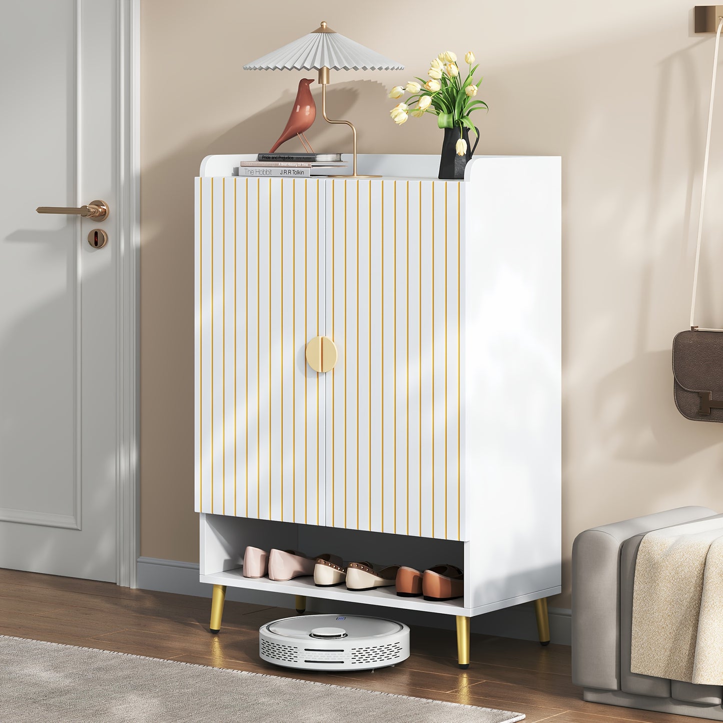 Schoenenkast – Schoenenrek – Schoenenopberger – Schoenenkast – Opbergkast – Wit Metaal – 3 Niveaus Met Dubbele Deuren – Ruimtebesparend 75x35x110 cm