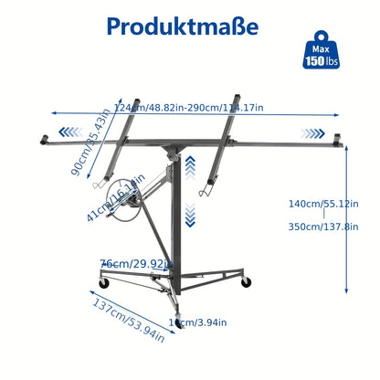 Heavy-Duty Drywall Lift with 150 lbs Load Capacity (68kg) - Adjustable Height 140-335cm & 60° Tilt, Foldable Drywall Panel Hoist with 3 Braked Wheels for Ceiling Installation, & Renovation - Compatible with Drywall Panels &