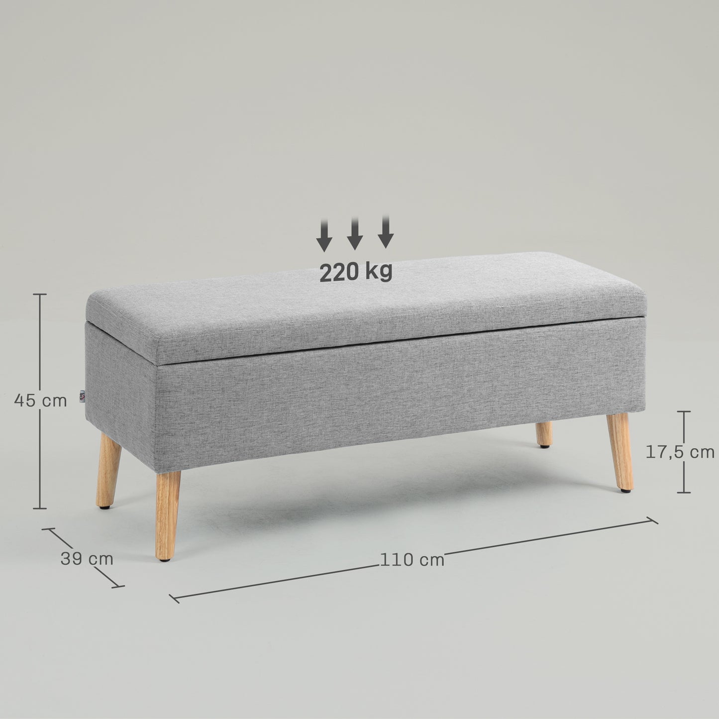 Opbergbank – Opbergbank – Zitbank – Opbergkist – Bank Met Opbergruimte – Linnen-Look Bekleding – Max. Draagvermogen 220 kg – Grijs – 110x39x45 cm – Rubberhouten Pootjes