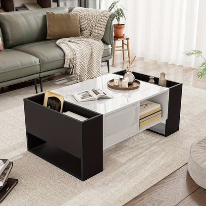 Salontafel – Koffietafel – Bijzettafel – Woonkamertafel – Tafel – Zwart-Wit – Hoogglans Afwerking – Hardhouten Opberglade Met 4 Open Vakken