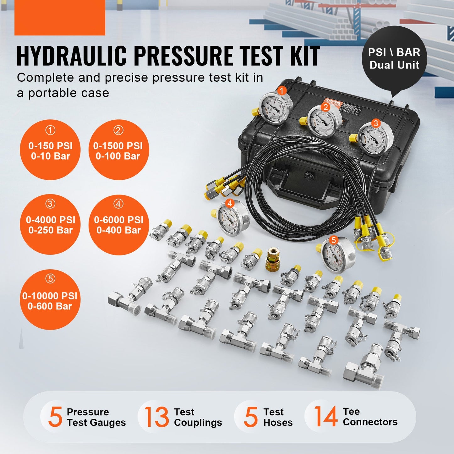 Hydraulische Druktang – Hydrauliek Meter – Drukmeter Set – Druktest Kit – Hydraulische Pressure Gauge – 5 Manometers 0-600 Bar – Roestvrij Stalen Meetinstrumenten – 13 Koppelingen Met 5 Testslangen