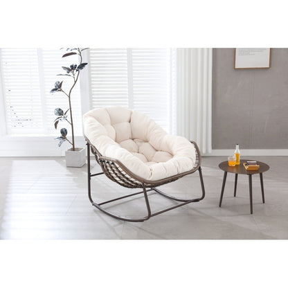 Schommelstoel – Relaxstoel – Fauteuil – Loungestoel – Tuinstoel – Oversized Ei-Vorm – 15,24 cm Dikke Kussen – Poedergecoat Stalen Frame & Handgevlochten Wit Rattan
