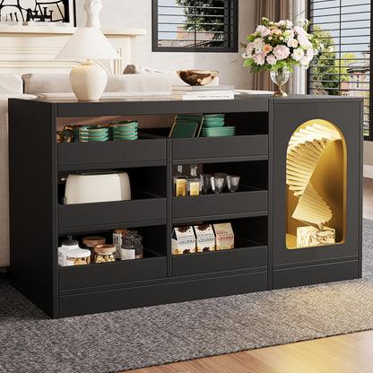 Dressoir – Buffet – Opbergkast – Kast – Meubel – Zwart – 6 Ruime Lades – Uniek Hollow-Deurontwerp