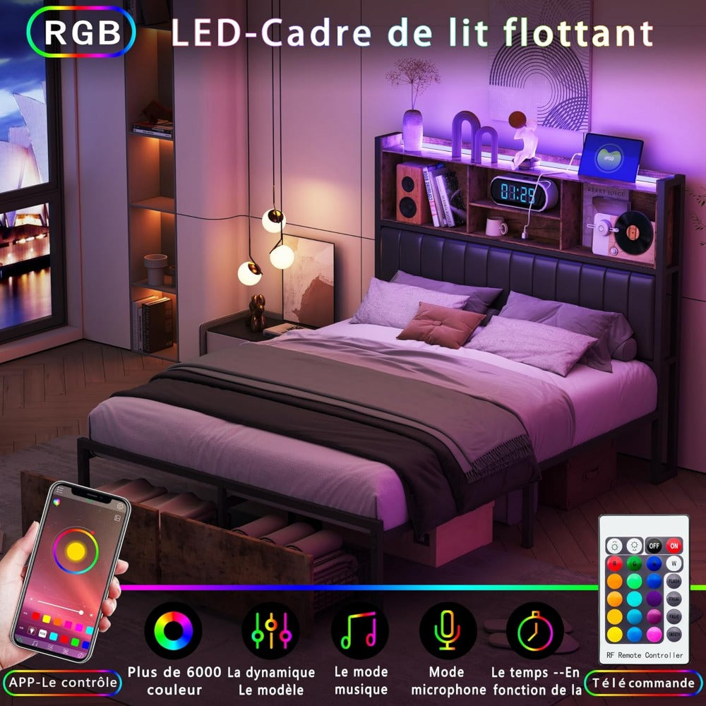 Opbergbed – Tweepersoonsbed – Bedframe – Slaapbank – Boxspring – 180x200 cm – LED Verlichting Hoofdeinde – USB Laadpoort