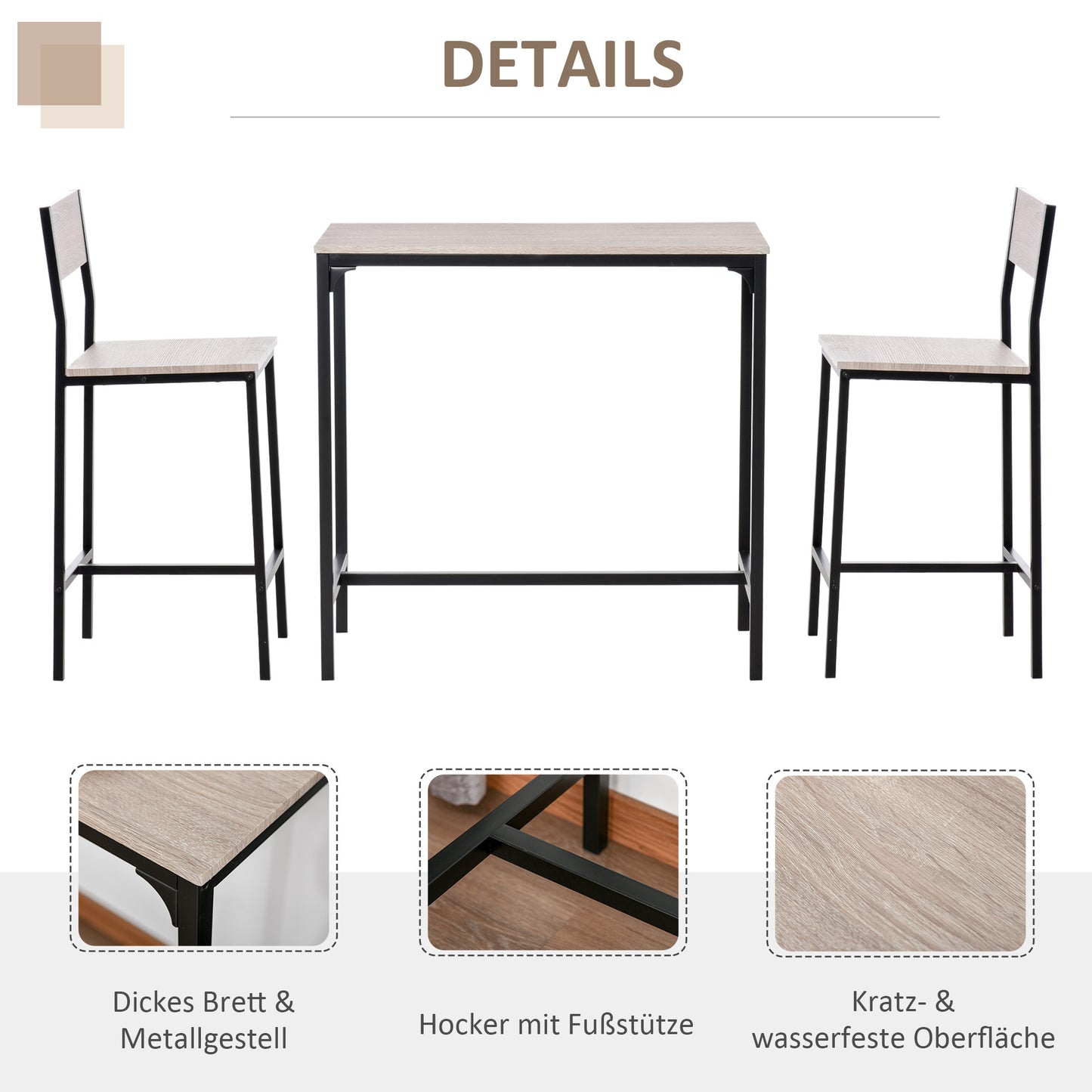 Barset – Barkrukken – Bartafel – Eettafel Set – Bistroset – Natuurlijk Hout – Zwart Metalen Frame – 2 Stoelen Met Rugleuning – Compact & Stijlvol