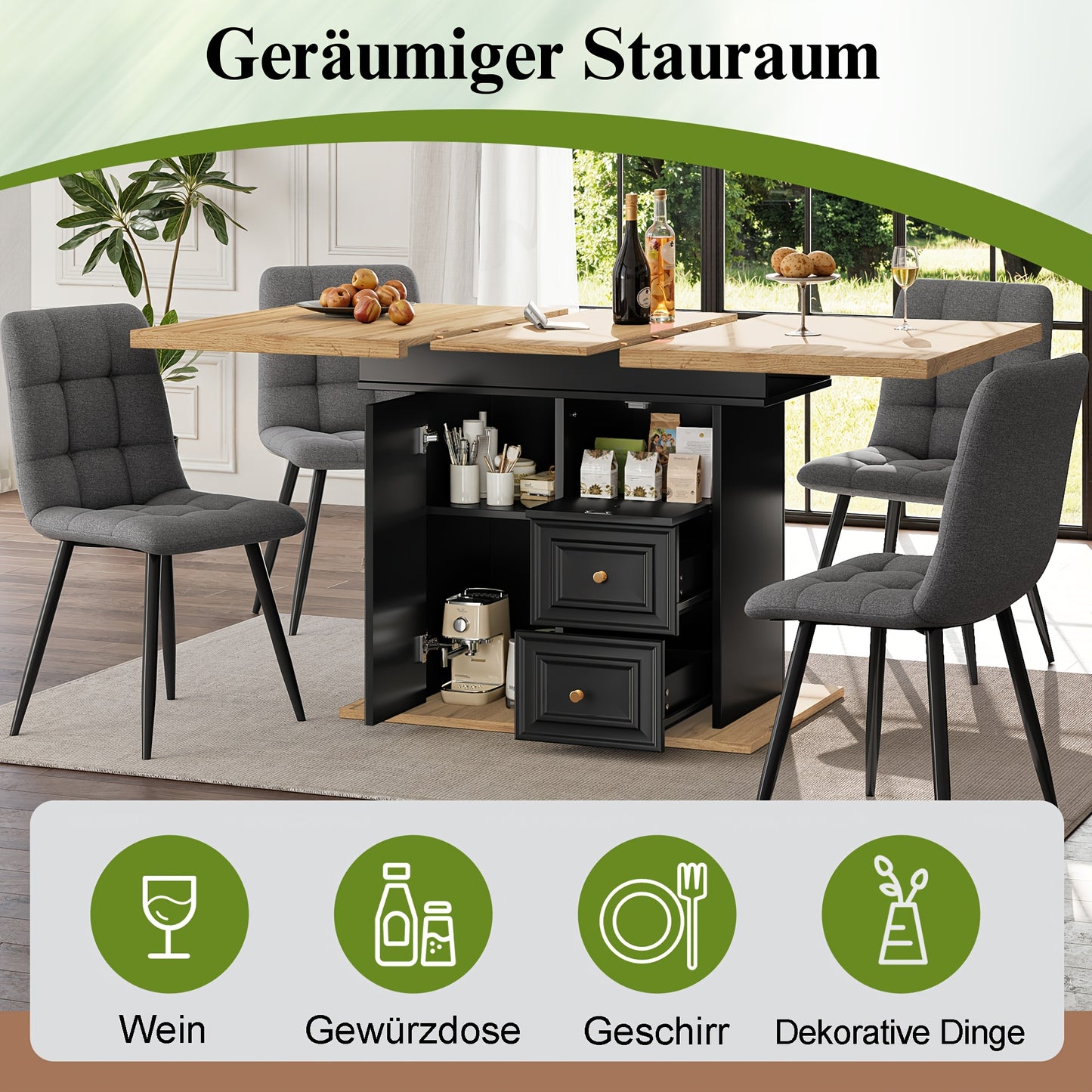 Uitschuifbare Eettafel – Uitklapbare Tafel – Verstelbare Eettafel – Moderne Eettafel – Eettafel Voor 6 Personen – Verstelbare Hoogte – Bamboe Materiaal