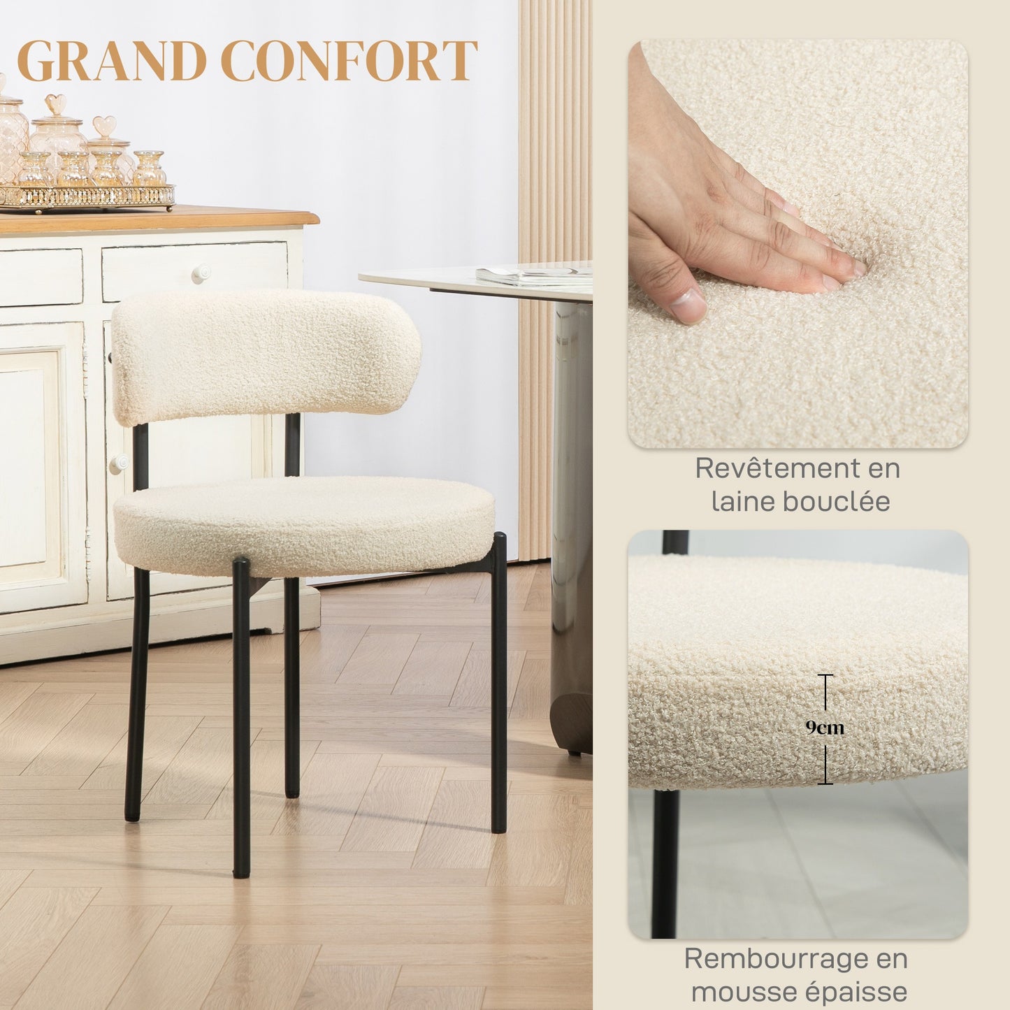 Eetkamerstoel – Stoel – Zitmeubel – Armstoel – Designstoel – Gestoffeerd Beige – Zwart Stalen Frame – Comfortabele Zitting