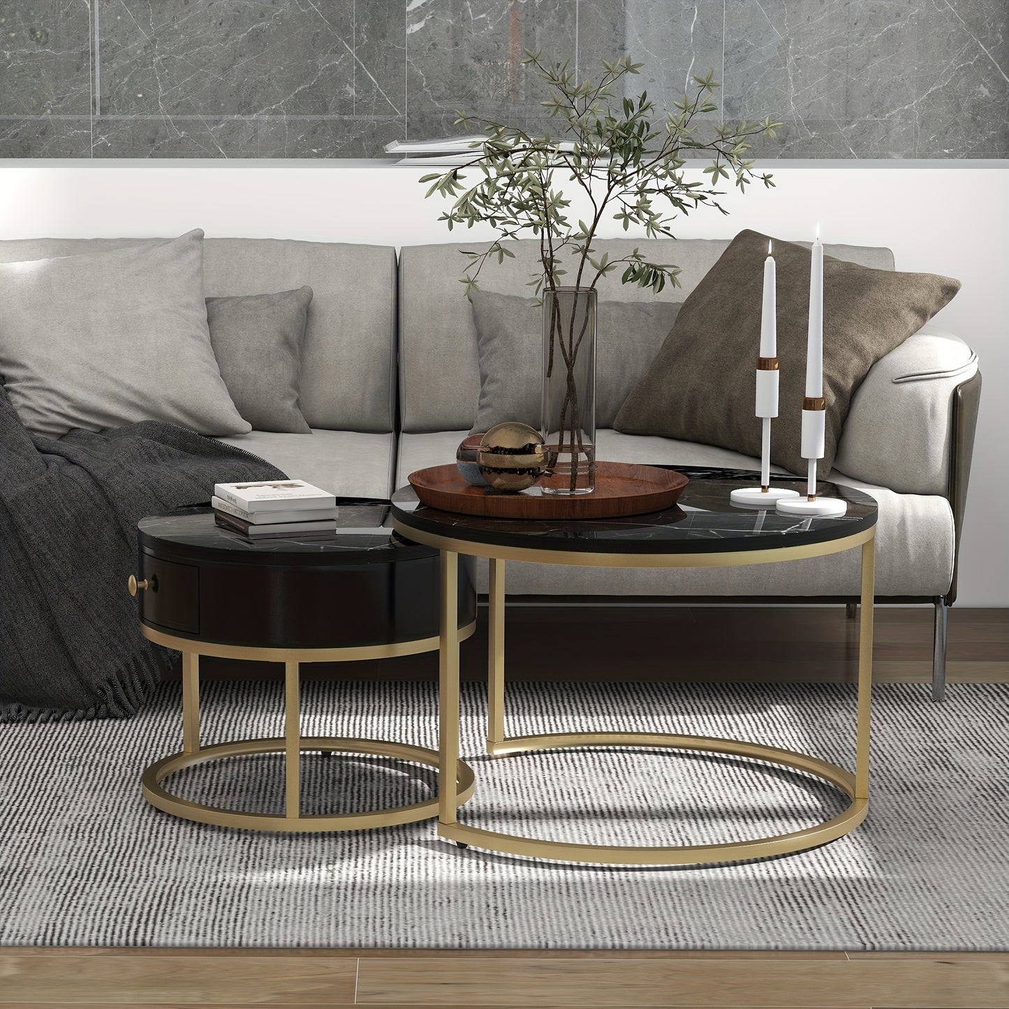 Salontafel – Koffietafel – Bijzettafel – Ronde Tafel – Woonkamertafel – Hoogglans – Imitatie Marmer Structuur – Twee Maten – Zwart