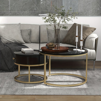 Salontafel – Koffietafel – Bijzettafel – Ronde Tafel – Woonkamertafel – Hoogglans – Imitatie Marmer Structuur – Twee Maten – Zwart