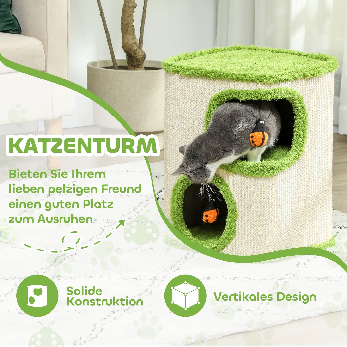 Krabpaal – Krabmeubel – Kattenboom – Kattenkrabpaal – Kattenhol – 52 cm – Fluwelen Kattenhol – Duurzaam Kraboppervlak – Speeltje – Groen/Crème