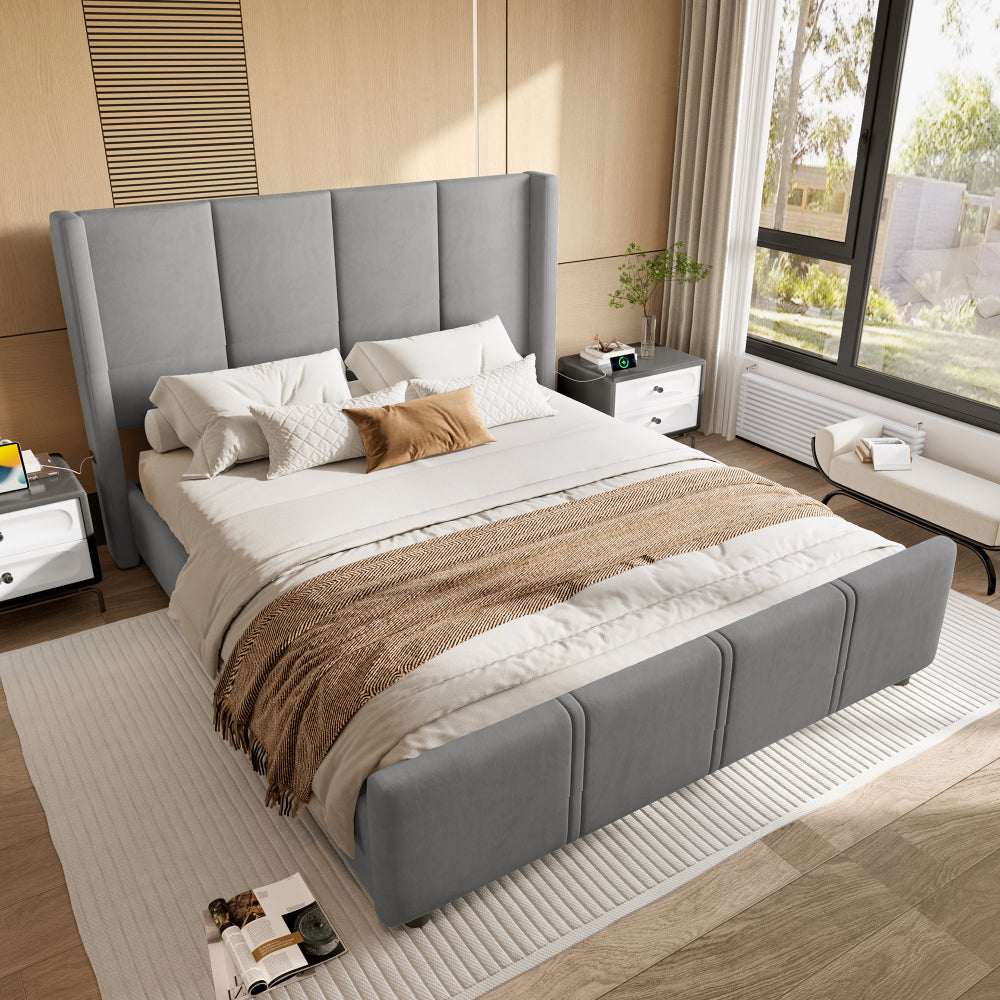 Boxspringbed – Bedframe – Slaapbed – Stofbed – Gestoffeerd Bed – Donkergrijs – 140x190 cm – Hoog Hoofdbord – Stevig IJzerhout Frame