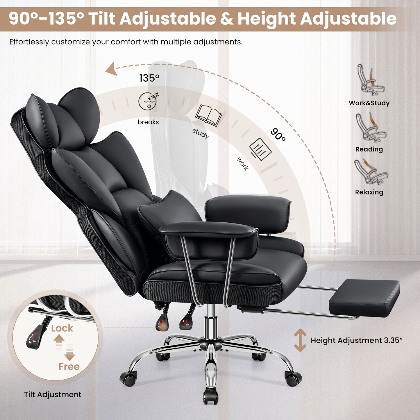 Bureaustoel – Ergonomische Stoel – Office Chair – Gamestoel – Draaistoel – Hoge Rugleuning – Lendensteun – Met Voetensteun – Wit Kunstleer – 360° Draaibaar – Metaal Frame
