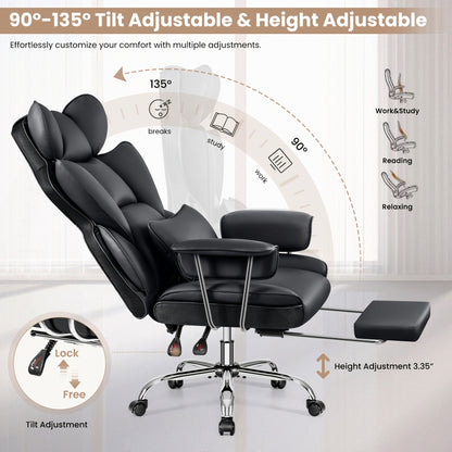 Bureaustoel – Ergonomische Stoel – Office Chair – Gamestoel – Draaistoel – Hoge Rugleuning – Lendensteun – Met Voetensteun – Wit Kunstleer – 360° Draaibaar – Metaal Frame