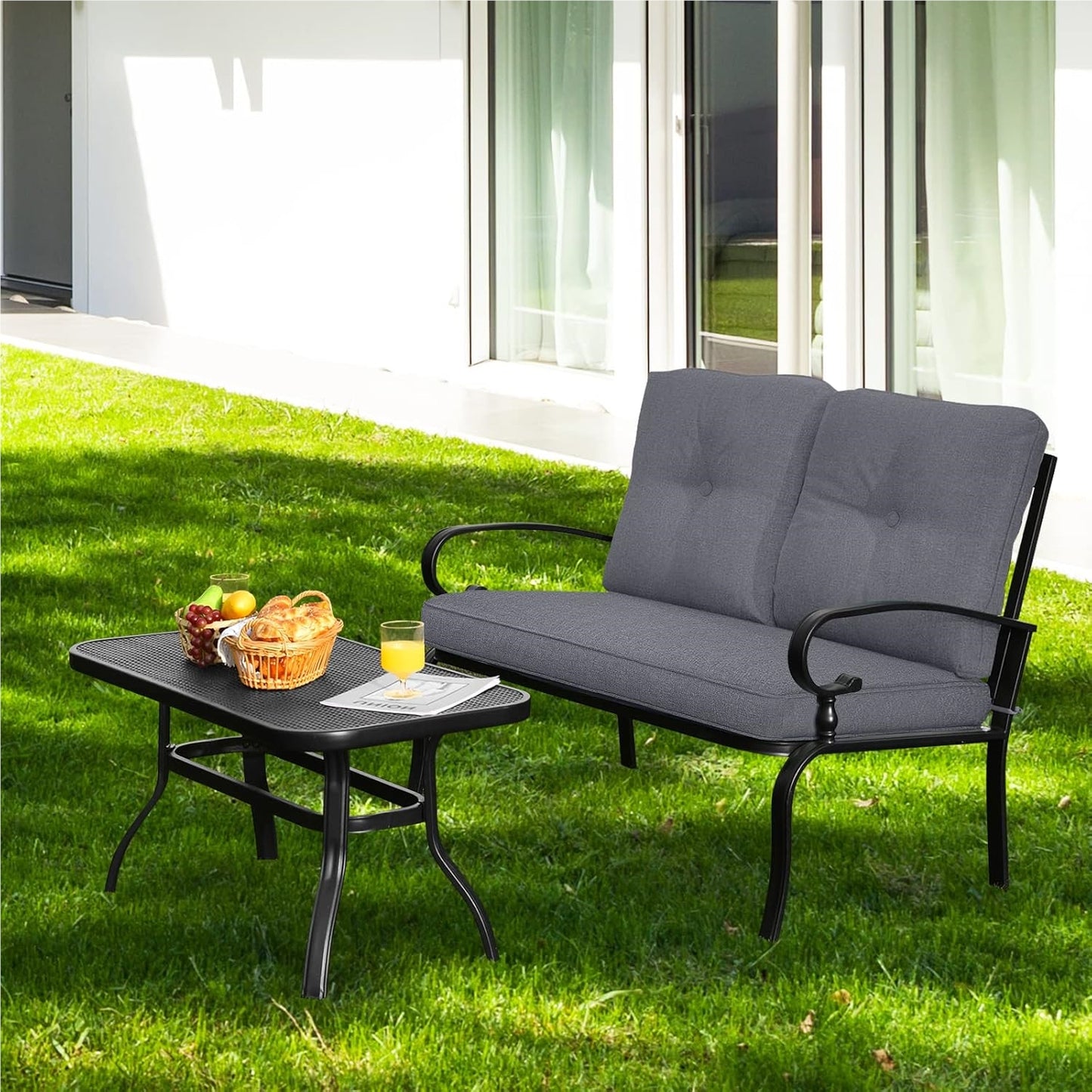 Tuinbank – Buitenbank – Balkonbank – Zitbank – Tuin Zitgroep – Comfortabel Met Kussens – Duurzaam Metalen Frame – Inclusief Koffietafel 120x76 cm