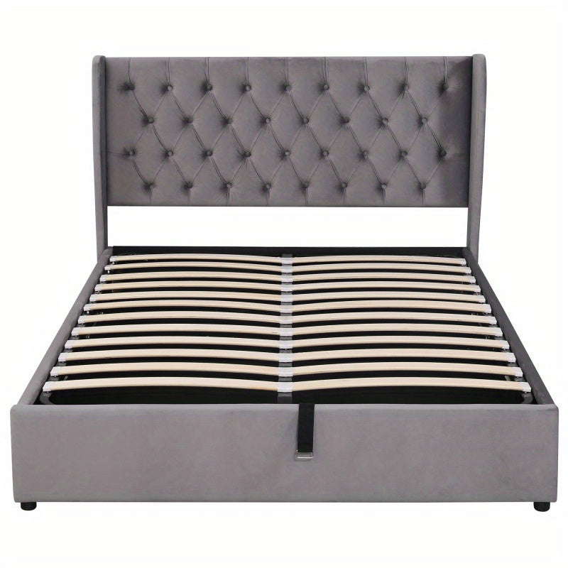 Packaged bed in the shape of a velvet double bed 140190 Hydraulic functional bed with slatted base and gray storage space
