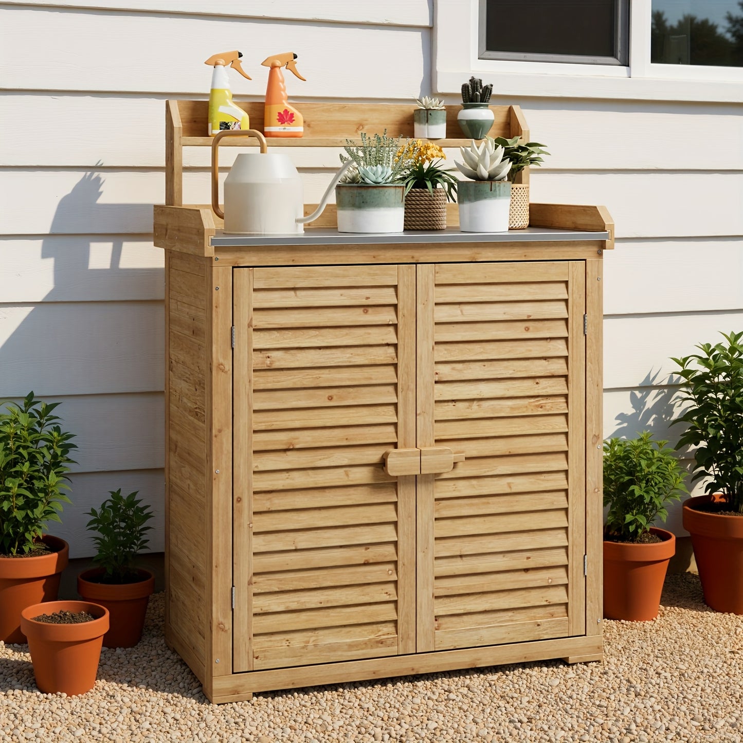 Plantenstandaard Hout – Bloemenrek Tuinmeubel – Werkbank Met Gereedschapskast – Buiten Klembare Opbergruimte – Duurzaam Hout – Met Slot En Zijhaken