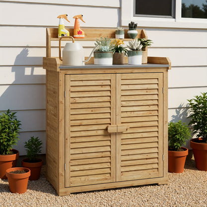 Plantenstandaard Hout – Bloemenrek Tuinmeubel – Werkbank Met Gereedschapskast – Buiten Klembare Opbergruimte – Duurzaam Hout – Met Slot En Zijhaken