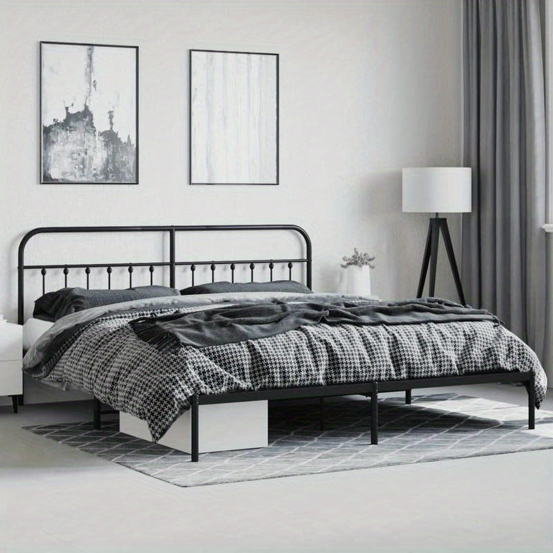 Modern Black Metal Bed Frame with Headboard, 193x203cm, Powder-Coated Steel for Strength & Stability, Minimalist Design for Contemporary Bedrooms