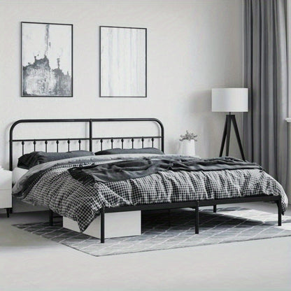 Modern Black Metal Bed Frame with Headboard, 193x203cm, Powder-Coated Steel for Strength & Stability, Minimalist Design for Contemporary Bedrooms