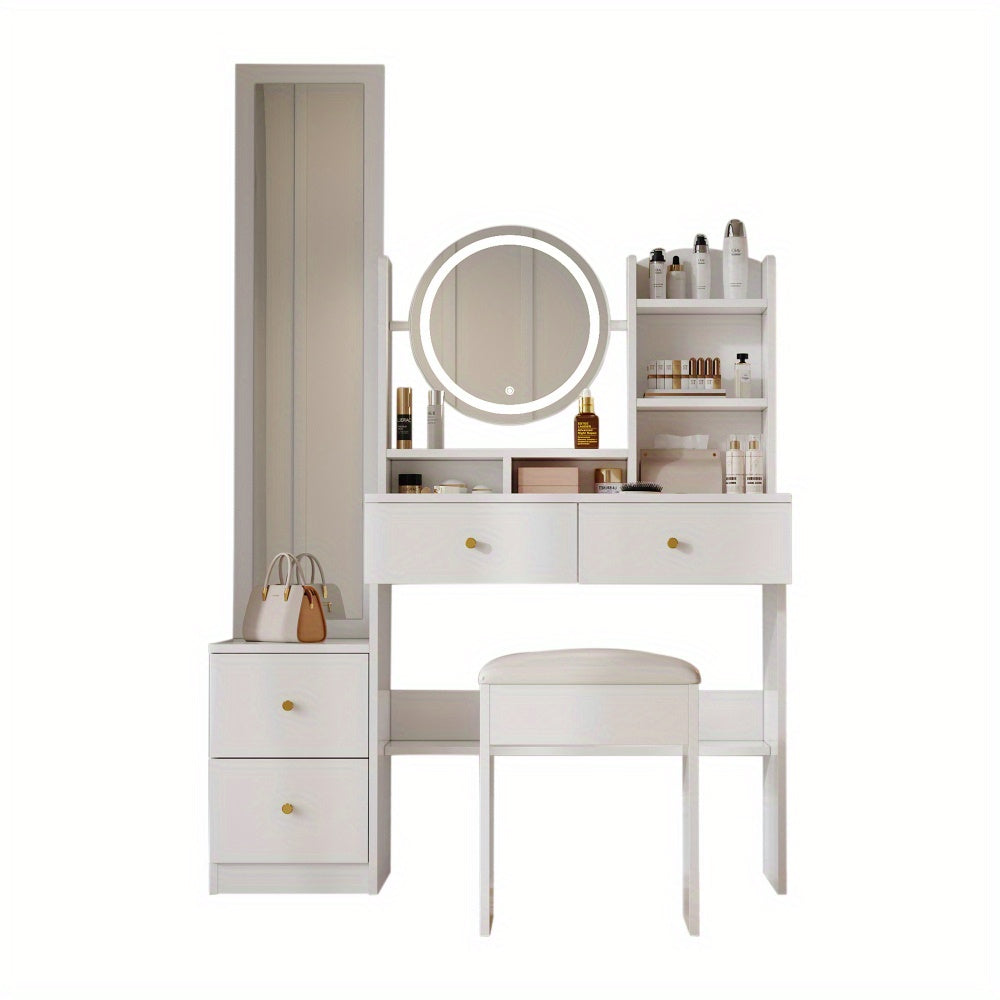 Kaptafel – Make-uptafel – Schminktisch – Dressing Table – Witte 4-in-1 Kaptafel met Spiegel en Kruk – Grote Spiegel en Ruime Opberglades – Compact en Stijlvol Design
