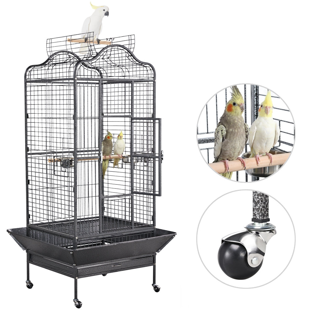 Vogelkooi – Papegaaienkooi – Parkietenkooi – Grasparkietenkooi – Volière – Met Wieltjes – Zwart Gepoedercoat Metaal – Ruim Leefgebied 60,5x56x113 cm