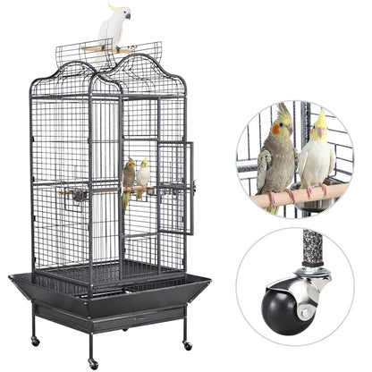 Vogelkooi – Papegaaienkooi – Parkietenkooi – Grasparkietenkooi – Volière – Met Wieltjes – Zwart Gepoedercoat Metaal – Ruim Leefgebied 60,5x56x113 cm