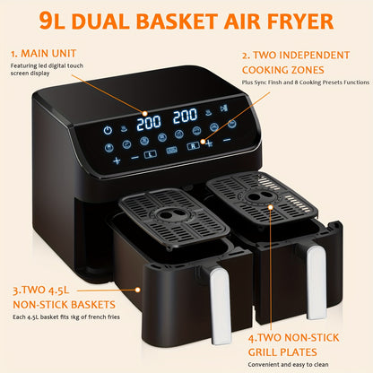 Airfryer – Heteluchtfriteuse – Fryer – Dubbele Airfryer – Luchtfriteuse – 9 Liter – 8-in-1 Instellingen – Touchscreen Bediening