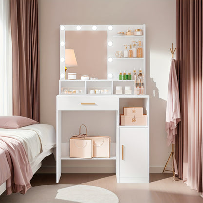 Kaptafel – Make-up Tafel – Dressing Table – Cosmeticatafel – Met Spiegel – LED Verlichting – 3 Planken en 4 Vakken – Grote Lade en Kast – 80x40x140 cm – Wit